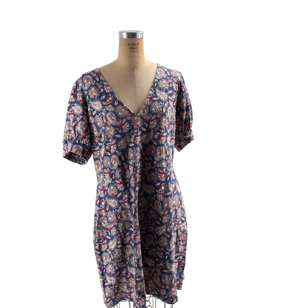 Madewell Blue Paisley Floral Cotton V-Neck Puff Sleeve Shift Dress D0555 L